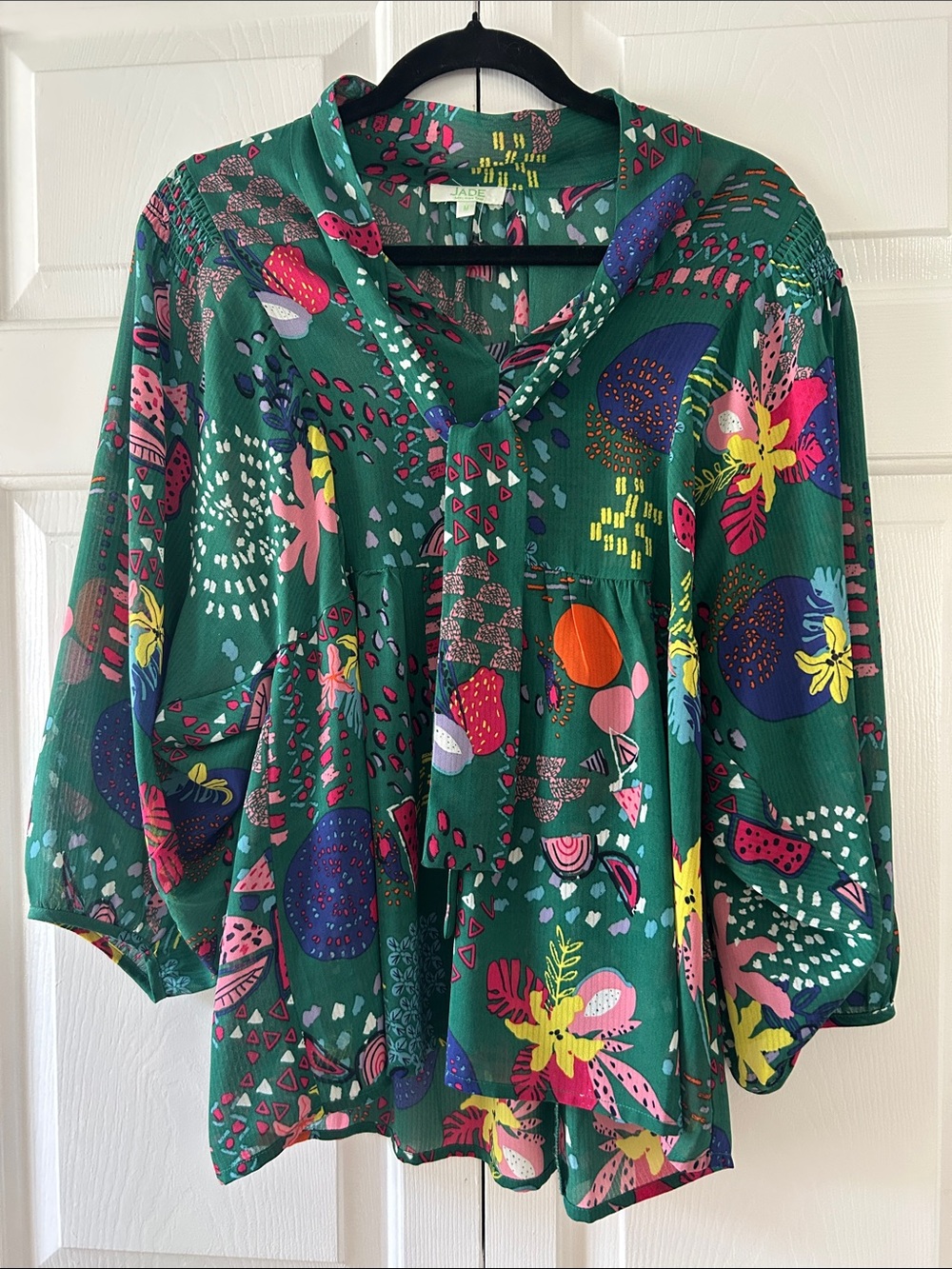 Jade Multicolor Floral Print Green Peasant Blouse